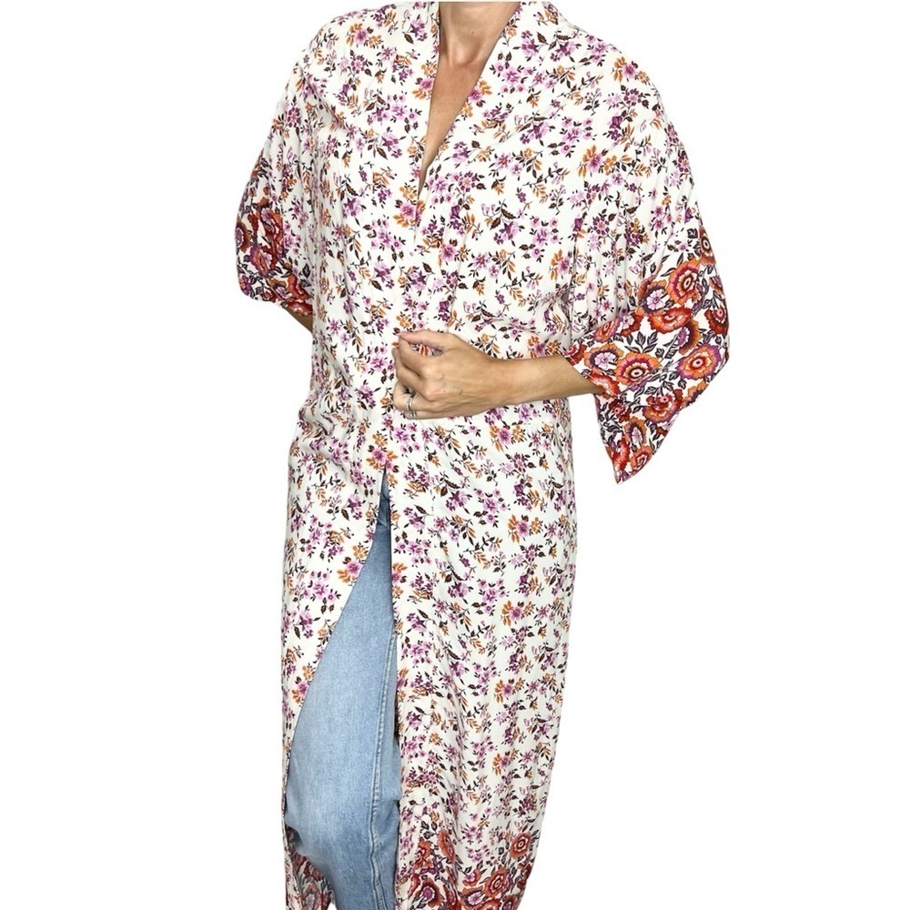 Beige boho cottagecore cotton floral kimono sleeve jacket duster robe - Picture 3 of 13